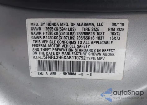 2010 Honda Odyssey Ex-L from USA, damaged, VIN 5FNRL3H6XAB110792